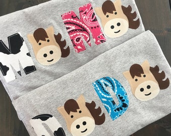 Mom, Dad, MAMA, DADA or sibling coordinating shirt for Barnyard themed birthday tee. Farm rodeo, horse themed, bandana, first birthday shirt