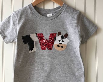 Barnyard themed TWO birthday tee. Farm party, cow themed, bandana, first birthday shirt, first birthday party, second birthday shirt
