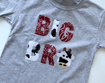 Barnyard themed BIG BRO or LIL bro sibling tee. Farm party, cow themed, bandana, first birthday shirt, brother, sister, second birthday sis