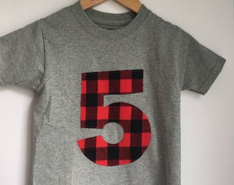 Lumberjack birthday shirt. Wild Adventure. Birthday shirt featuring buffalo plaid number. Wild. Any number, age. Woodchuck, adventure, FIVE