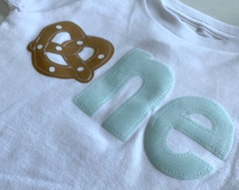 Pretzel themed first birthday shirt. ONE, gas station, Oktoberfest, 1st, any age customizable. Fast food, movie night, Octoberfest, German