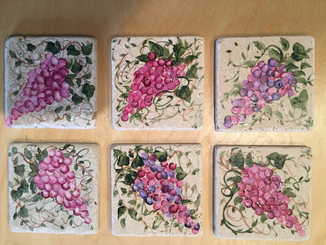 Tumbled Marble Tile Hand Painted Grape Accent Tiles Etsy