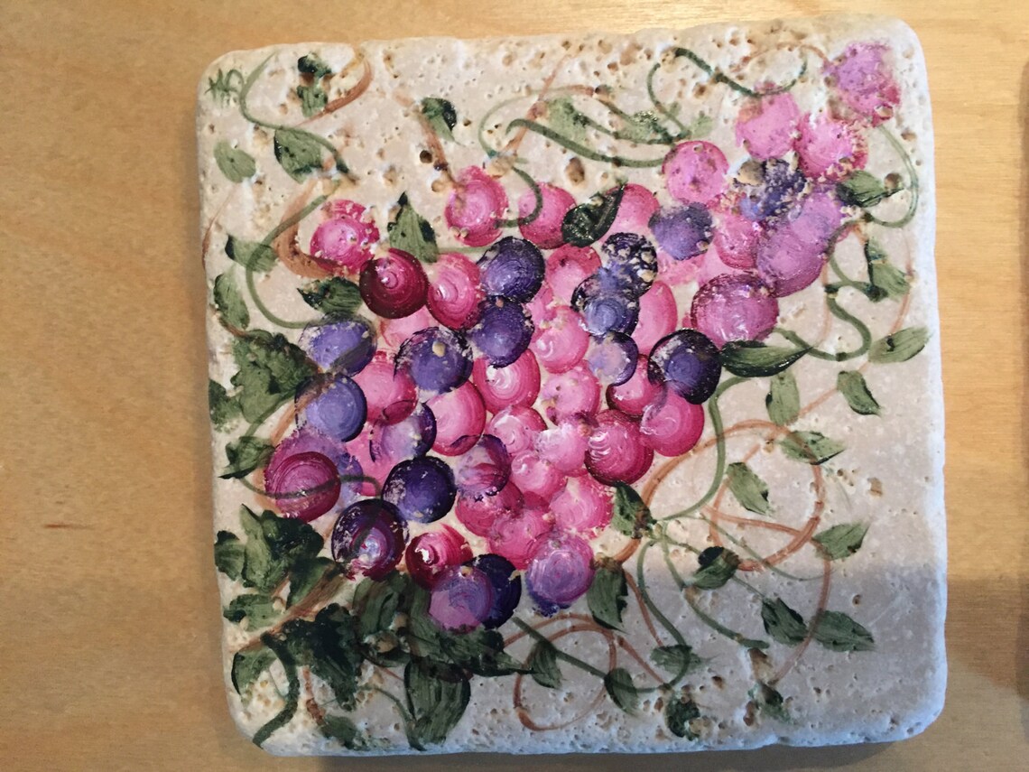Tumbled Marble Tile Hand Painted Grape Accent Tiles Etsy Denmark