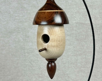 Miniature Ornamental Turned Wood Birdhouse with Stand