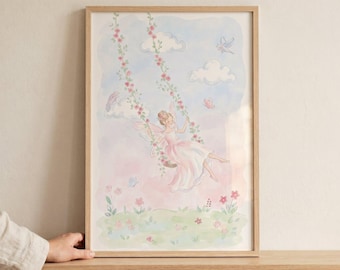 Rose Swing Fairy Wall Art, whimsical nursery decor, watercolor fairy girl print, enchanted garden wall decor, magical woodland sprite art