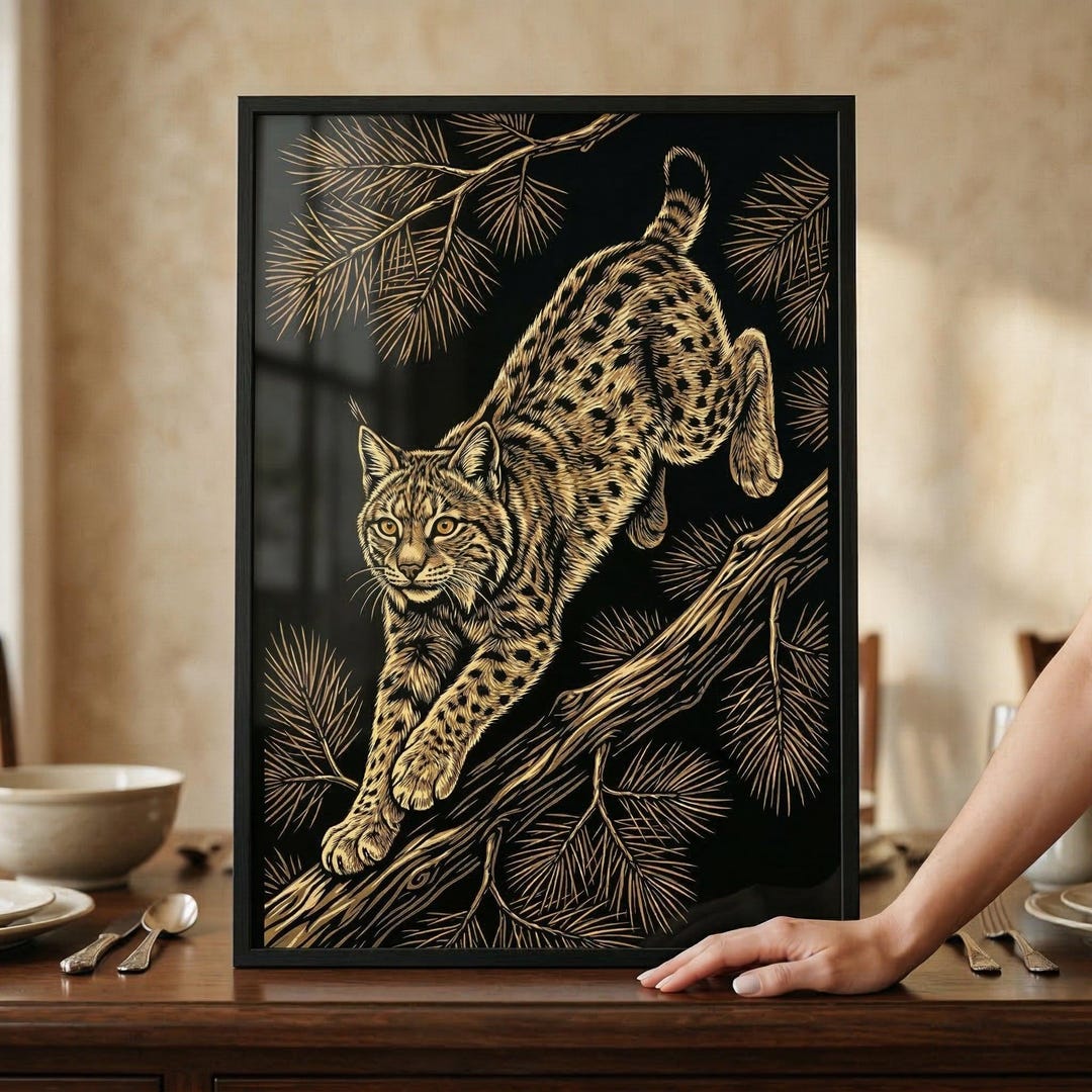 Rustic Bobcat Leaping Bobcat Wall Art, Woodcut Style Lynx Print, Wildlife ...