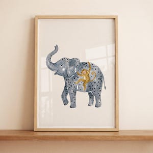 Trunk Up Spotted Elephant Wall Art, Monkey Riding Elephant Illustration, Jungle Nursery Decor, Whimsical Safari Art, Kids Room Print