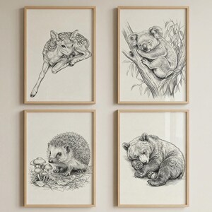 Woodland Animals Wall Art Set of 4, Nursery Wall Decor, Forest Animal Prints, Pencil Sketch Art, Baby Animal Illustrations, Kids Room Decor