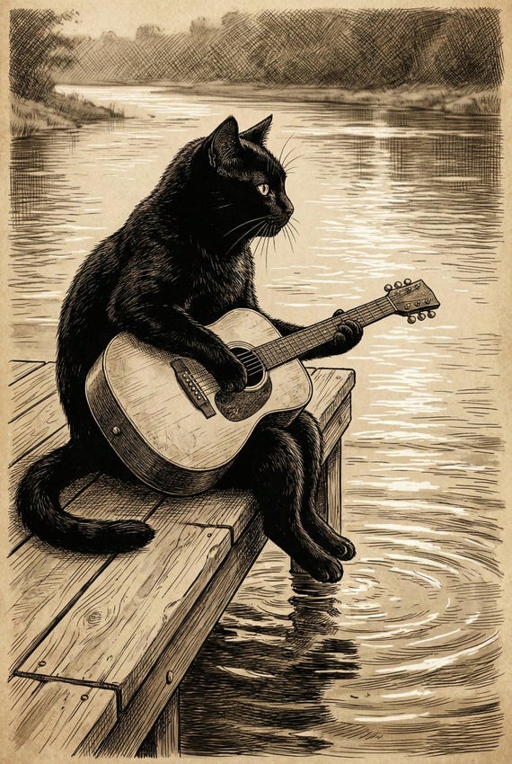 Black Cat Guitar Wall Art, Vintage Etching Cat Print, Retro