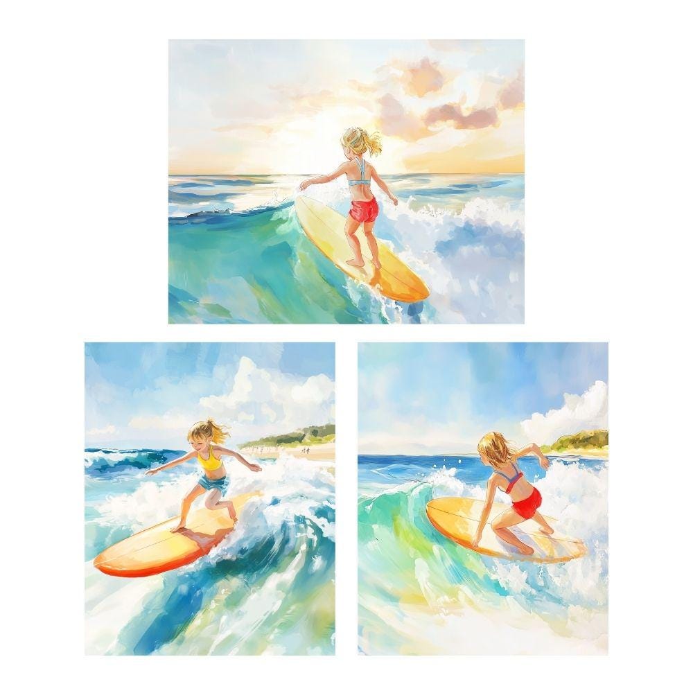 Surfing Girl Artwork - Set of 3, Ocean Nursery Wall Decor