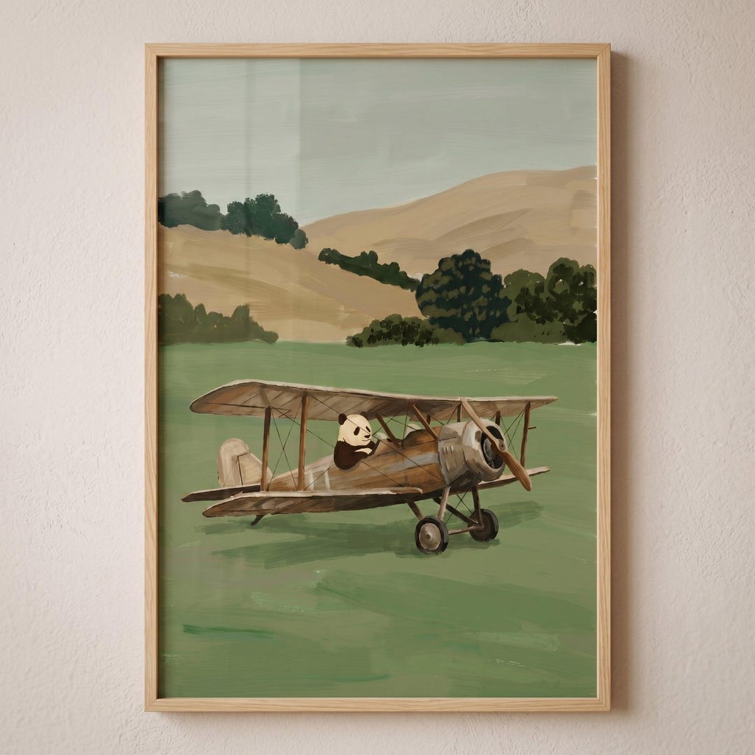 Vintage Biplane Pilot Panda Wall Art, Aviation Nursery Decor, Whimsical ...