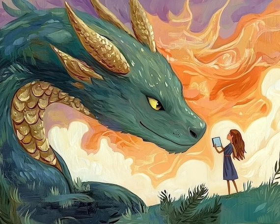 Fantasy Dragon Teal and Gold Scales Wall Art, Mythical Creature
