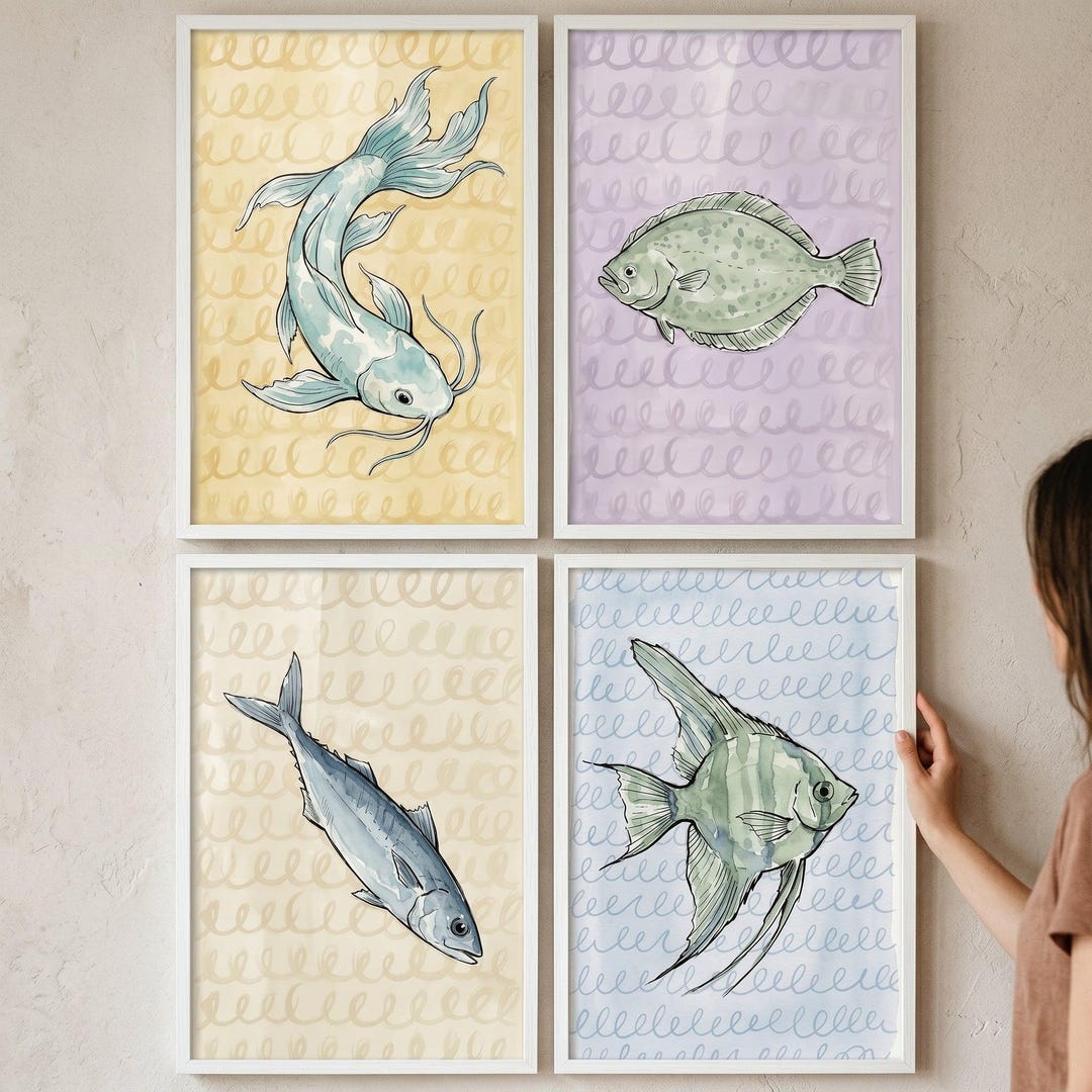 Refined Pastel Watercolor Fish Wall Art Set of 4, Coastal Nursery Decor ...