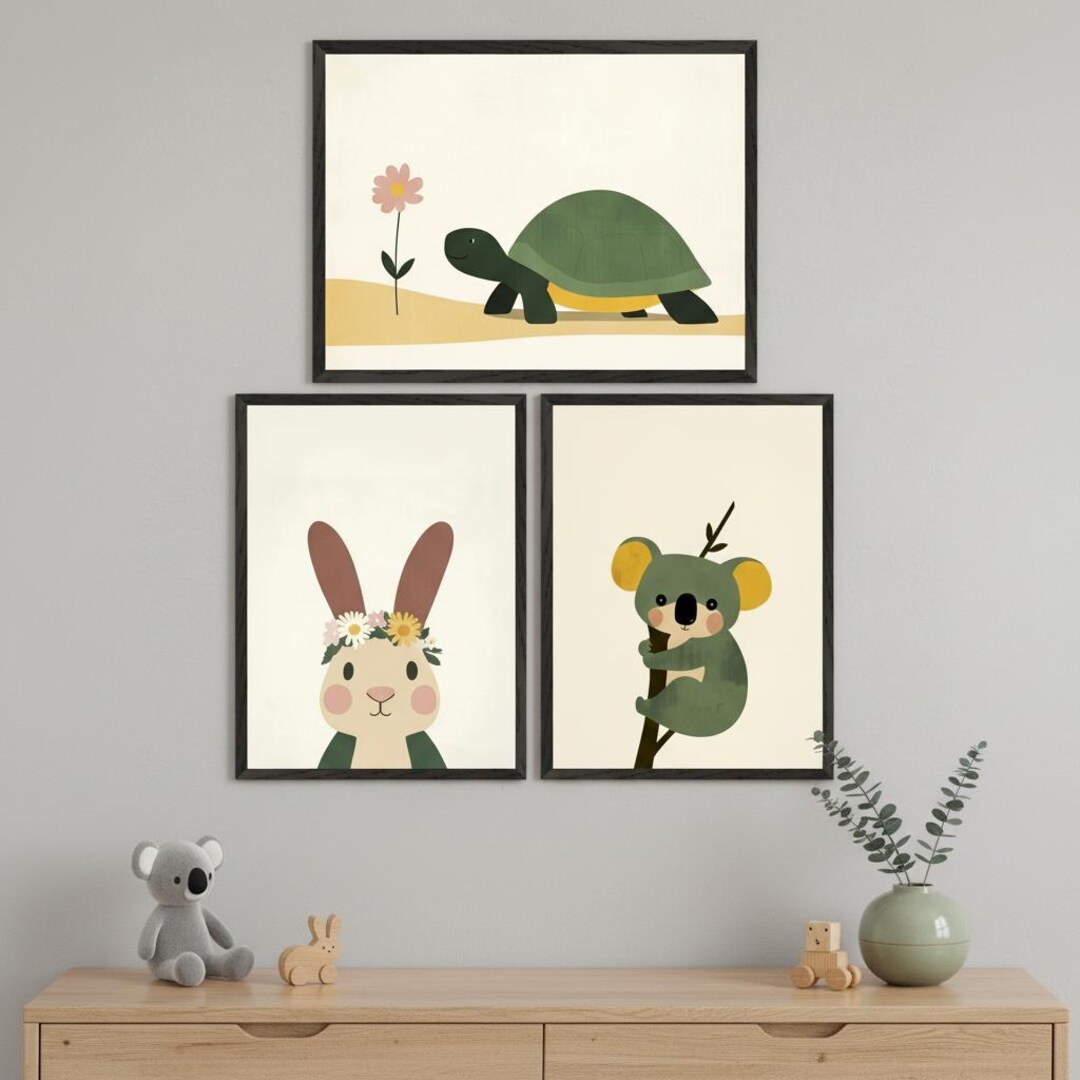 Nursery Animals Wall Art - Set of 3, Rabbit Koala Turtle Prints, Boho ...
