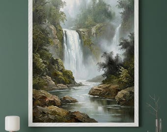 Waterfall Mist-shrouded Wall Art, Forest Landscape Print, Misty