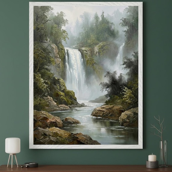 Waterfall Mist-shrouded Wall Art, Forest Landscape Print, Misty