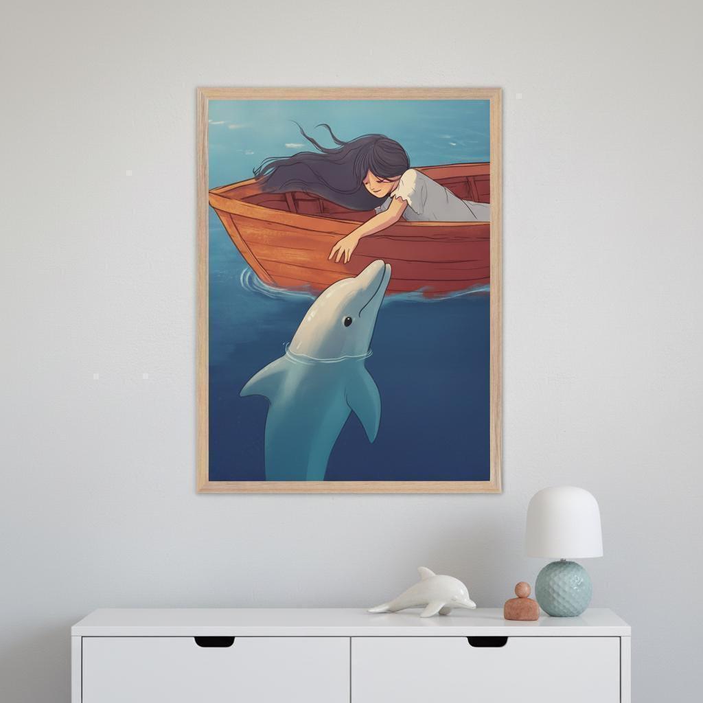 Girl And Dolphin Boat Illustration, Ocean Nursery Wall Art
