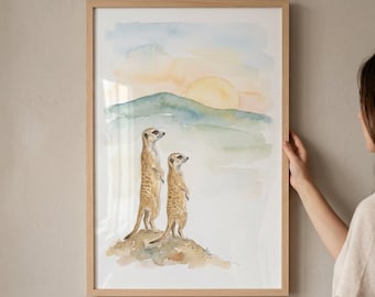 Sunset Meerkat Wall Art, African Animal Watercolor Decor, Desert Wildlife Nursery Print, Nature Landscape Illustration, Safari Animal Poster