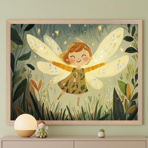Fairy Girl Whimsical Wall Art, Enchanted Forest Nursery Decor, Magical Sprite Illustration, Cottagecore Nature Print, Ginger Pixie Art