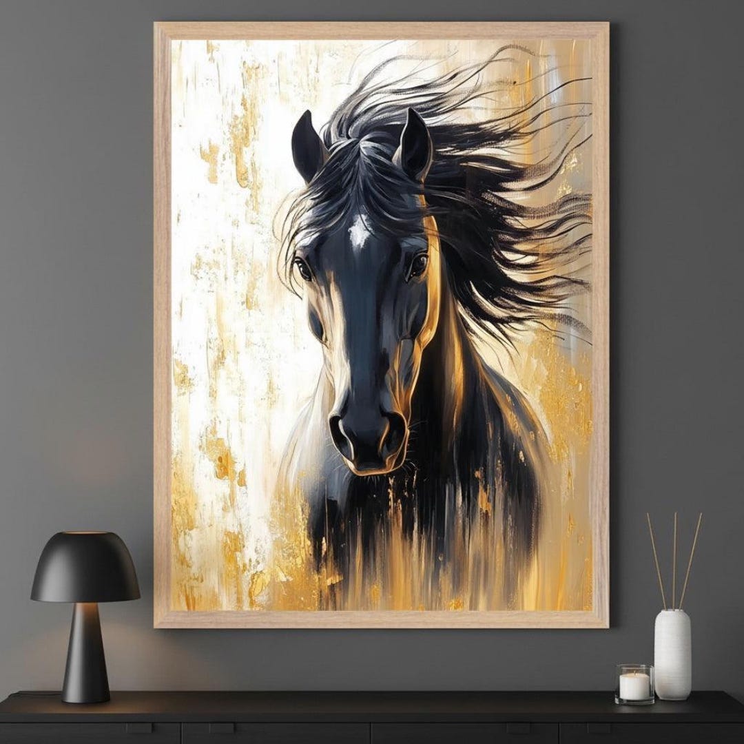 Horse Portrait Abstract Gold Foil Wall Art, Modern Equine Decor, Black ...