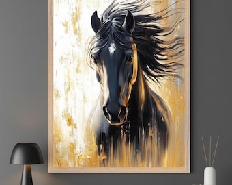Horse Portrait Abstract Gold Foil Wall Art, Modern Equine Decor, Black Stallion Digital Print, Luxury Animal Art, Equestrian Home Gift