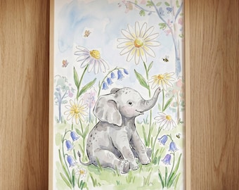 Daisy Meadow Baby Elephant Wall Art, Watercolor Floral Decor, Whimsical Safari Animal Print, Wildflower Meadow Art, Nursery Illustration