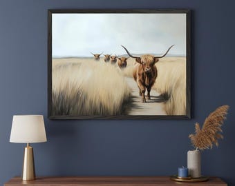 Highland Cow Rustic Farmhouse Wall Art, Scottish Cattle Landscape Print, Modern Farmhouse Decor, Neutral Farm Animal Art, Cottagecore Decor