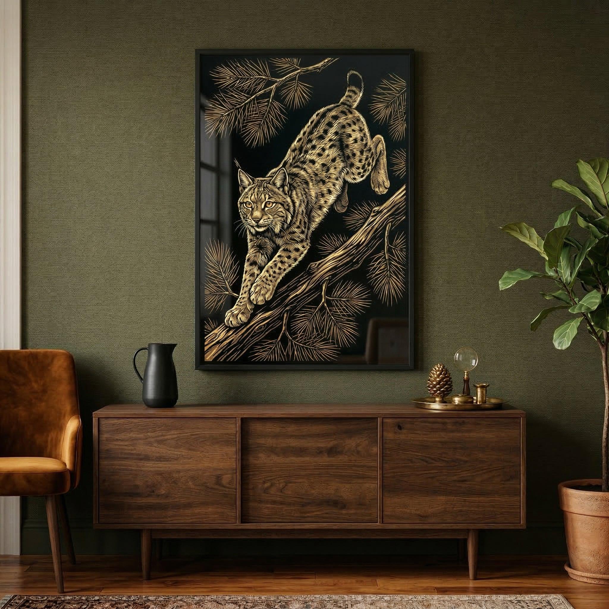 Rustic Bobcat Leaping Bobcat Wall Art, Woodcut Style Lynx Print, Wildlife ...