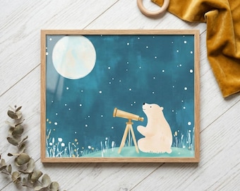 Polar Bear Stargazing With Telescope Wall Art, Whimsical Moon And Stars Print, Arctic Animal Space Nursery Decor, Celestial Kids Room Art