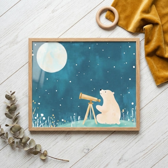 Polar Bear Stargazing With Telescope Wall Art, Whimsical Moon and