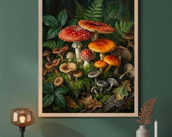 Forest Mushrooms Vintage Botanical Illustration Wall Art, Fly Agaric Mycology Print, Cottagecore Woodland Decor, Fungi Forest Floor Poster