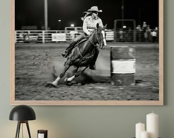 Western Horse Rider Monochromatic Vintage Style Wall Art, barrel racing rodeo print, cowgirl horse photography, rustic equestrian decor