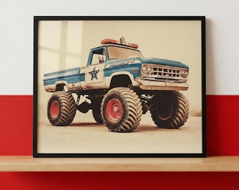 Monster Truck Vintage Police Patrol Wall Art, Retro Law Enforcement Decor, Big Tires Nursery Art, Pickup Truck Print, Rustic Garage Art