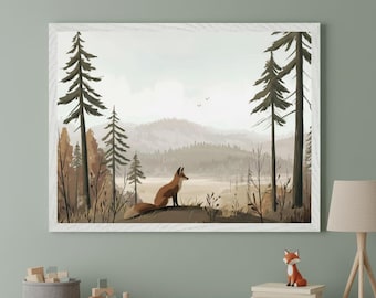 Fox Woodland Forest Wall Art, Muted Earth Tone Nature Print, Minimalist Wildlife Decor, Rustic Cabin Nursery Art, Mountain Landscape Art