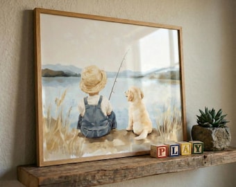Little Boy and Dog Fishing Wall Art, Golden Retriever Nursery Decor, Lakeside Kids Room Decor, Watercolor Boy Art, Outdoor Adventure Print