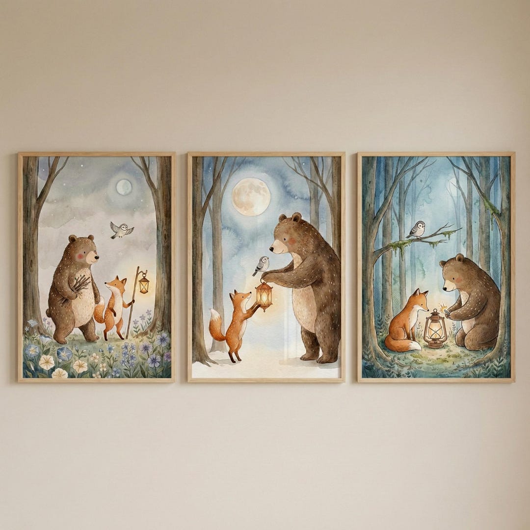 Woodland Bear Wall Art Set of 3, Forest Nursery Decor, Fox and Bear ...