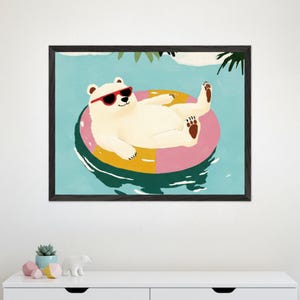 Arctic Bear In Vacation Wall Art, Polar Bear On Pool Float, Tropical Summer Animal Decor, Whimsical Nursery Print, Kids Bathroom Poster