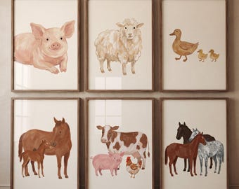 May include: A set of six framed wall art prints featuring watercolor illustrations of farm animals. The prints depict a pig, a sheep, a duck with ducklings, a horse with a foal, a cow with a pig and chicken, and a group of three horses.