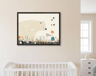 Polar Bear Whimsical Illustration Wall Art, Nursery Animal Decor