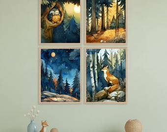 Woodland Artwork Set of 4, Forest Animal Nursery Decor, Watercolor Style Fox and Owl Prints, Whimsical Nature Wall Art, Forest Illustration