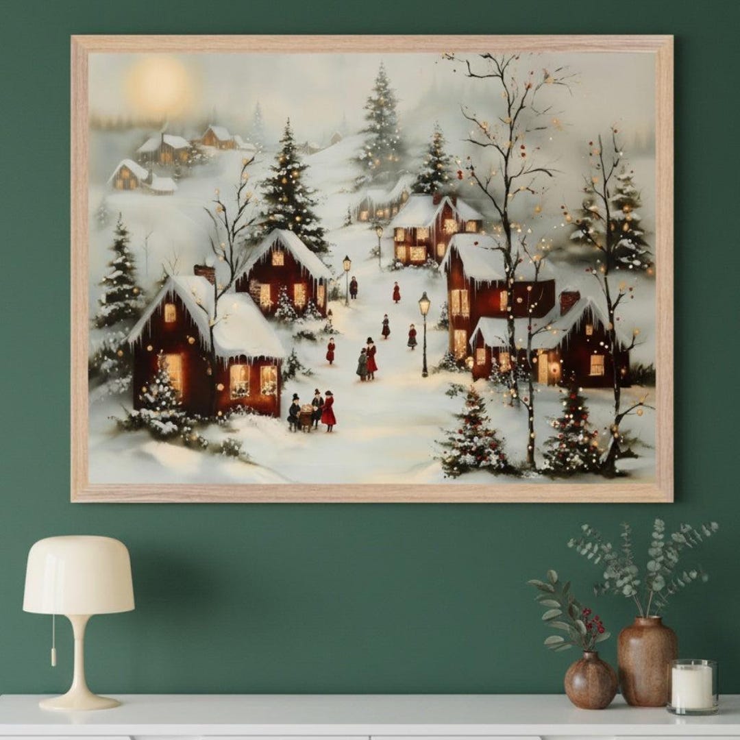Winter Village Snowy Landscape Wall Art, Christmas Village Print ...