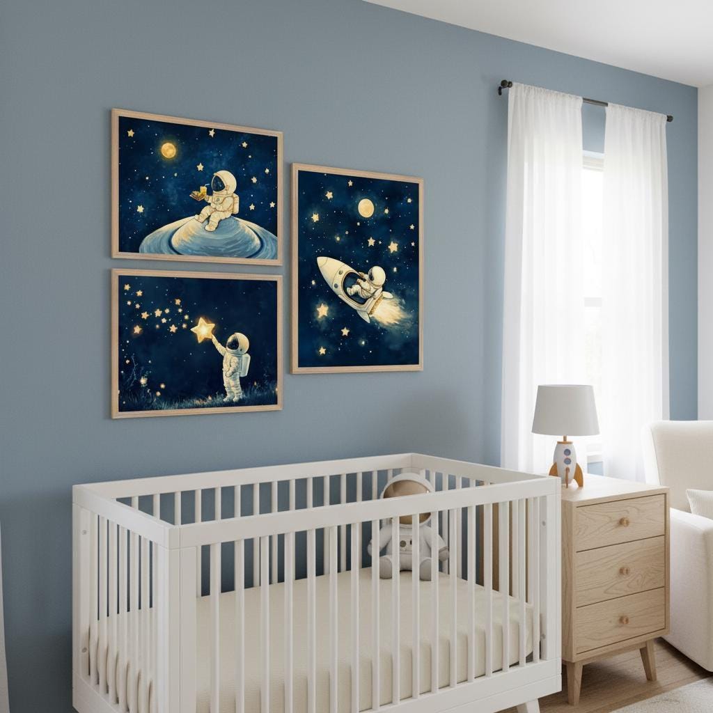 Astronaut Space Wall Art Set of 3, Nursery Outer Space Decor, Cosmic ...