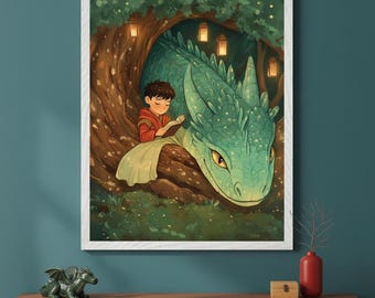 Fantasy Boy And Dragon Teal Scales Wall Art, Whimsical Storybook Print, Magical Forest Nursery Decor, Reading Dragon Poster, Enchanted Decor