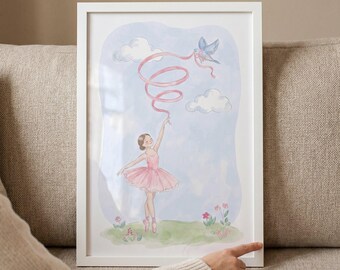 Pink Tutu Ballerina Wall Art, Girl Nursery Decor, Watercolor Dance Poster, Whimsical Bird Illustration, Floral Ballet Print