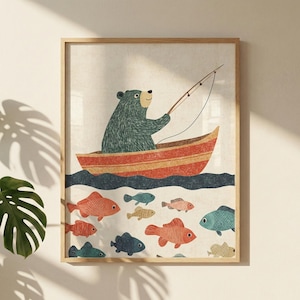 Bear Fishing Nautical Nursery Wall Art, whimsical woodland animal decor, folk art style kids room print, cute underwater fish illustration