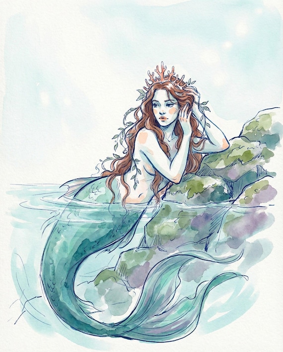 Mythical Sea Maiden Whimsical Print Wall Art, Watercolor Mermaid