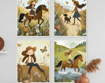 Whimsical Cowgirl Wall Art Set of 4, Horse Nursery Decor, Western Girl Room Prints, Rustic Farmhouse Decor, Boho Horse Art, 4 Piece Wall Art