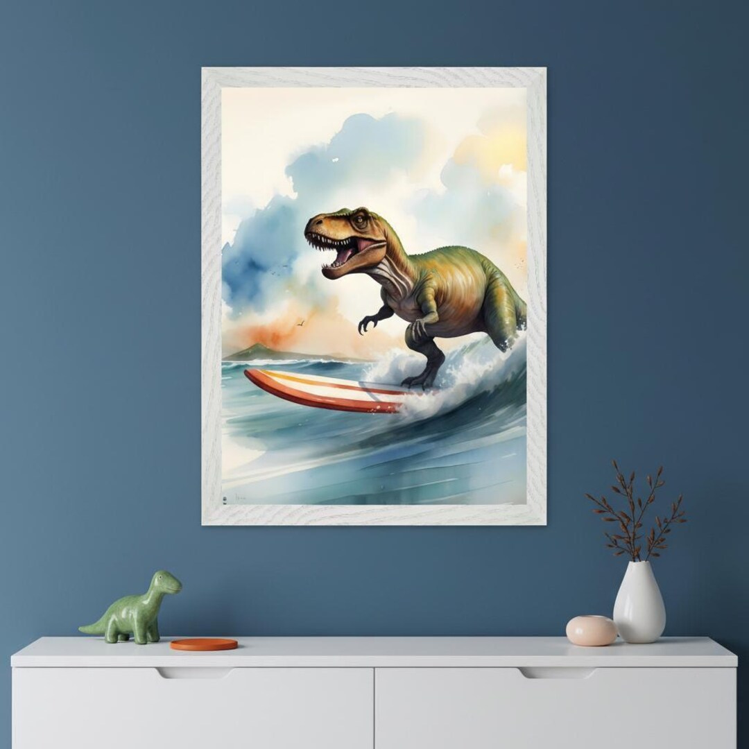 Surfing Dinosaur Watercolor Style Wall Art, T Rex Surf Illustration ...