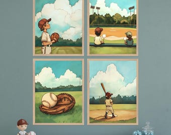 Baseball Nursery Wall Art, Boys Room Sports Decor, Vintage Baseball Illustration, Kids Baseball Field Art, Set of 4, 4 Piece Wall Art
