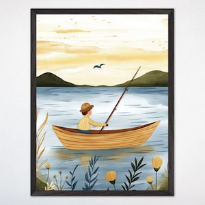 Berg Angeln Kinderzimmer Wandbild, Serene See Leinwand Kunst, Rustikale Natur Poster, Gender-Neutrale Kinderzimmer Dekor